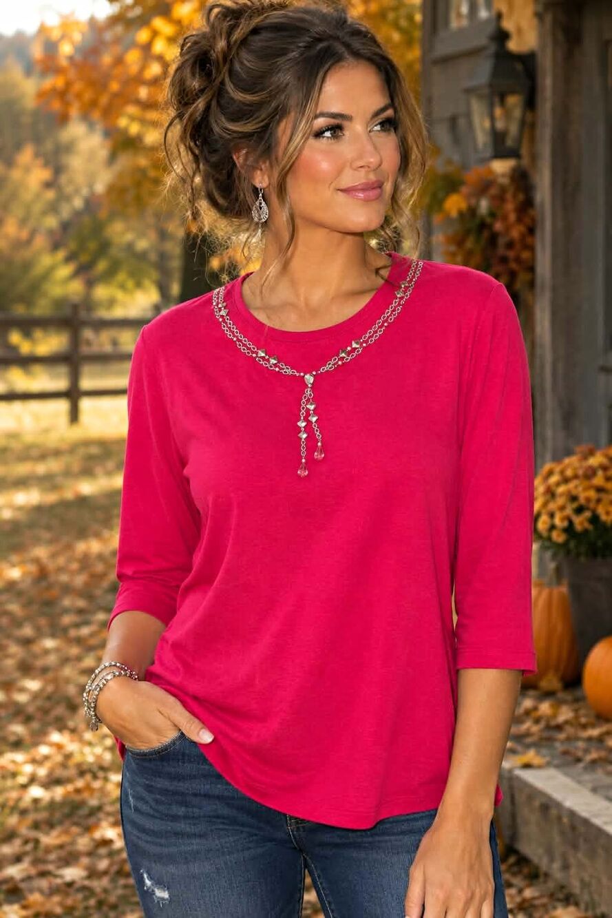 Quacker Factory Women's Pink Solid Knit with Beautiful Embellishments around Nec